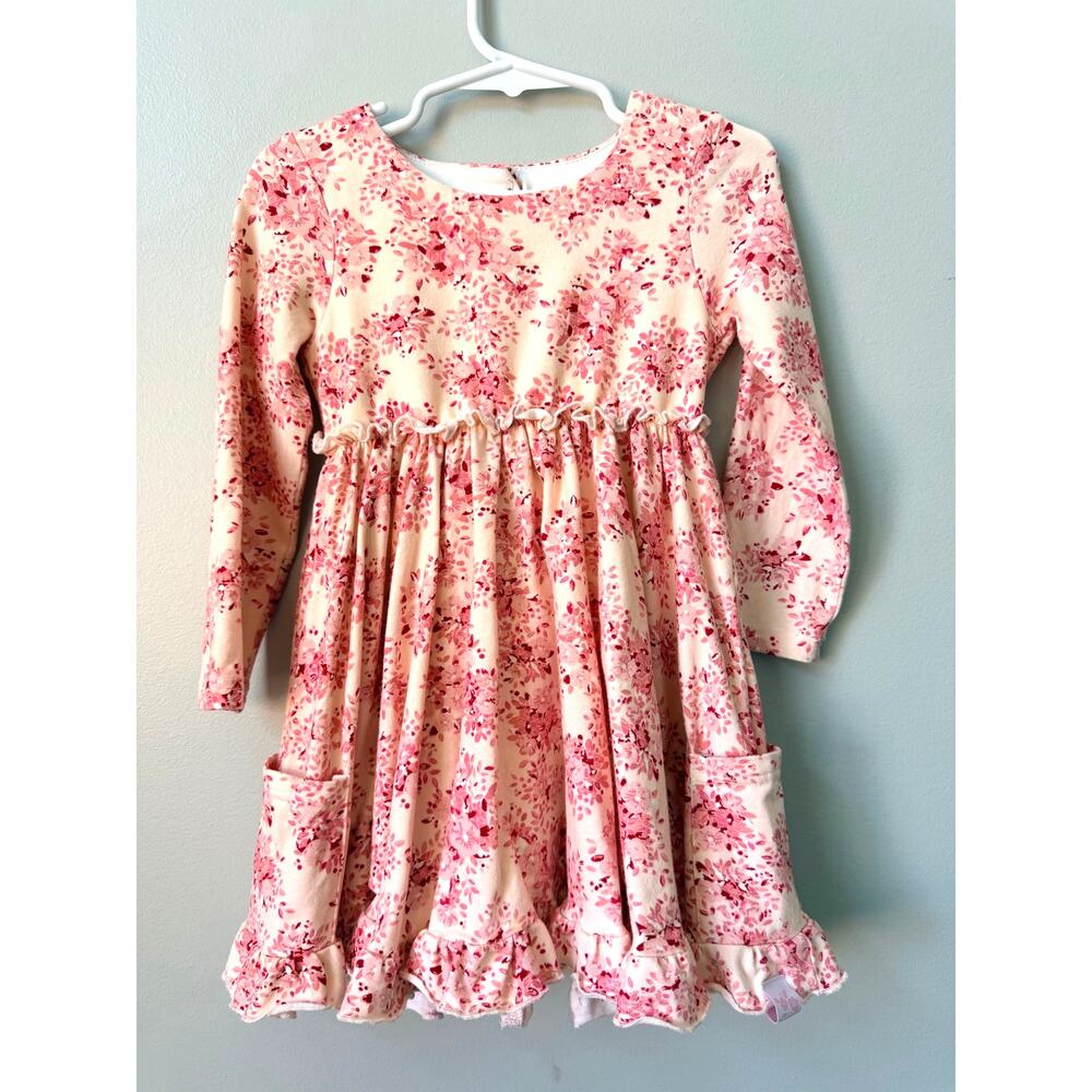 SweetHoney Toddler Girls Pink Floral Long Sleeve Ruffle Dress Pockets Size 3T